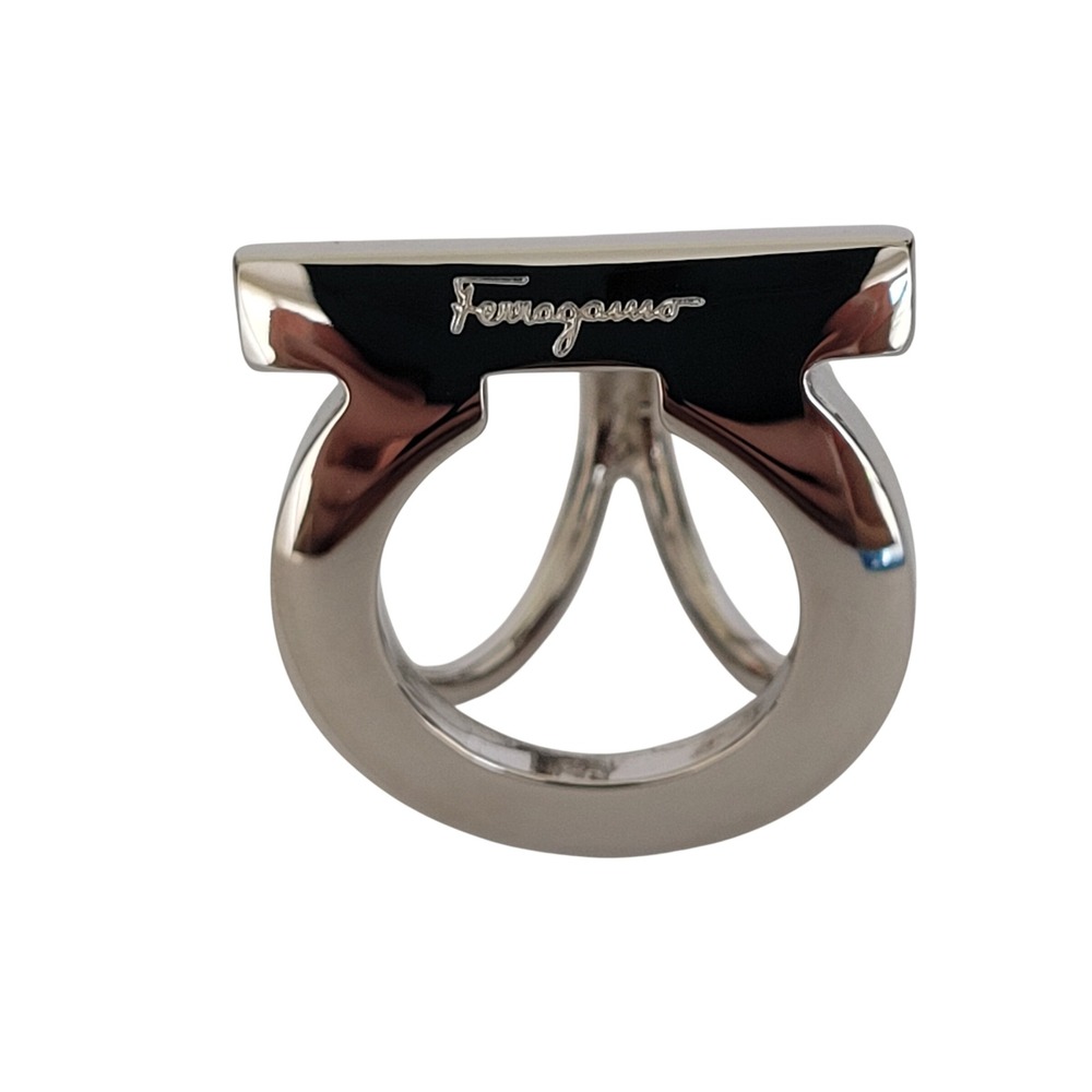 Salvatore Ferragamo Gancini Scarf Ring Silver Tone Made in Italy Logo Accessory